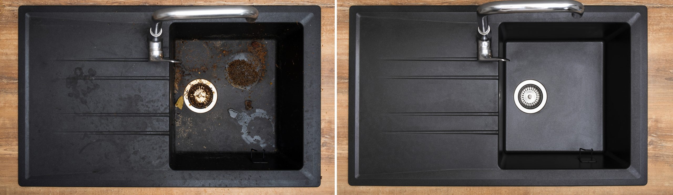 Voor en na: vuile keukengootsteen met vet- en etensresten versus schone afvoer, om verstopping in de keuken te voorkomen